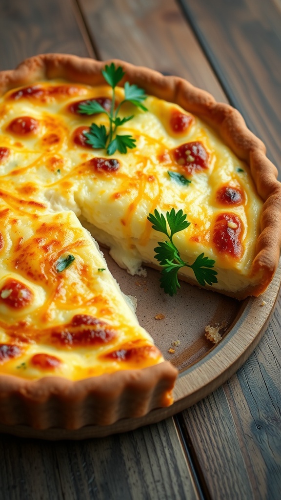 Classic Cheese Quiche Recipe A golden-brown cheese quiche with a slice cut out, revealing its creamy filling, served with fresh parsley on a rustic wooden table.